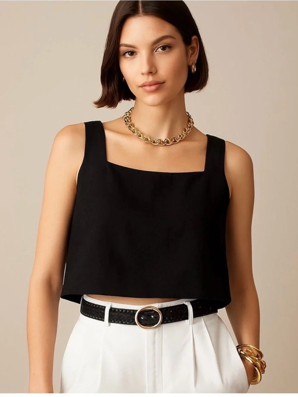 J. Crew Black Square-Neck Linen Cropped Tank Size Large